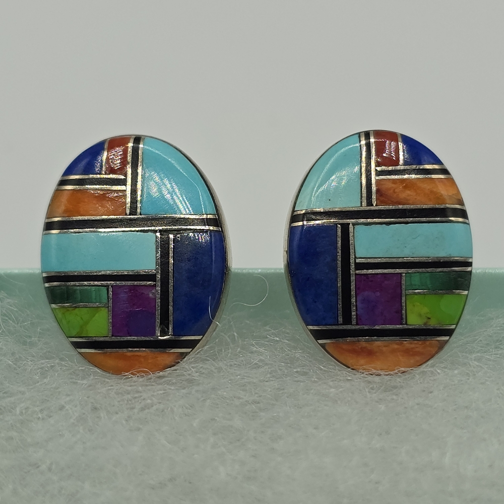 Southwestern Zuni Style Sterling Mosaic Inlay Clip-On Earrings, Handmade, Signed